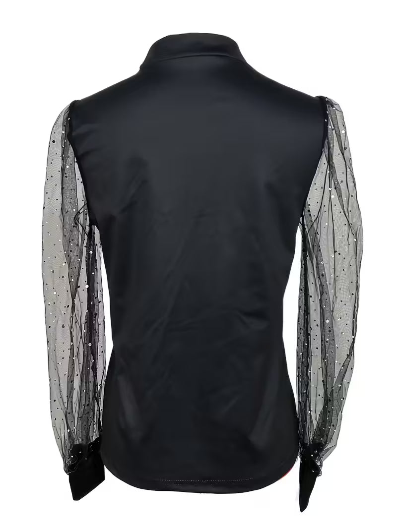 Black V-Neck Blouse with Festive Snowman Print,