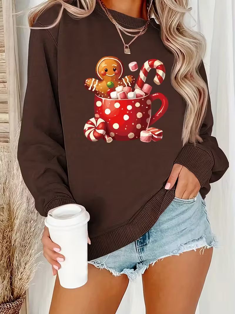 Women's Gingerbread & Candy Cane Print Sweatshirt