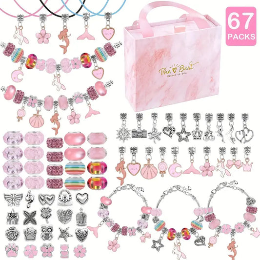 67-Piece DIY Charm Bracelet Bead Kit with Unicorn Mermaid Crafts,