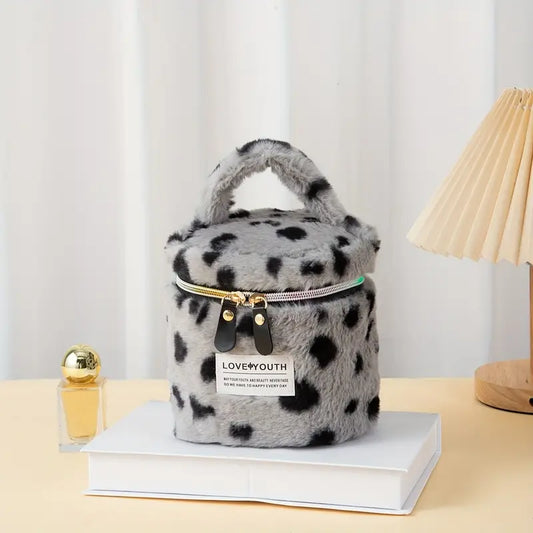 New Winter Plush Leopard Print Round Tote Cosmetic Bag