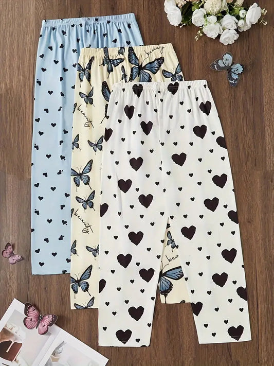 3pcs Women'S Butterfly Heart Print Sleep Pants Set