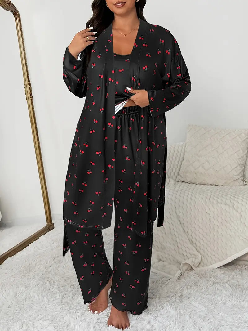 Plus Size Sweet Cherry Print Camisole Pants 3pc set
