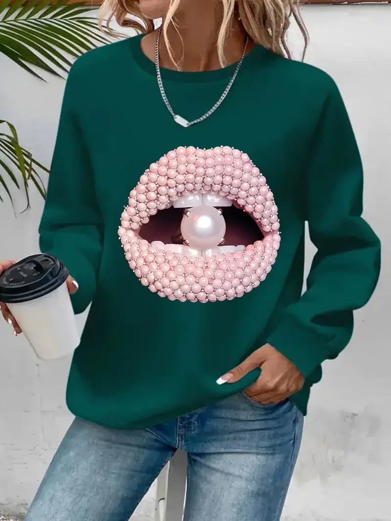 Long-Sleeve Crew Neck Sweatshirt with Mouth and Pearl Graphic Print
