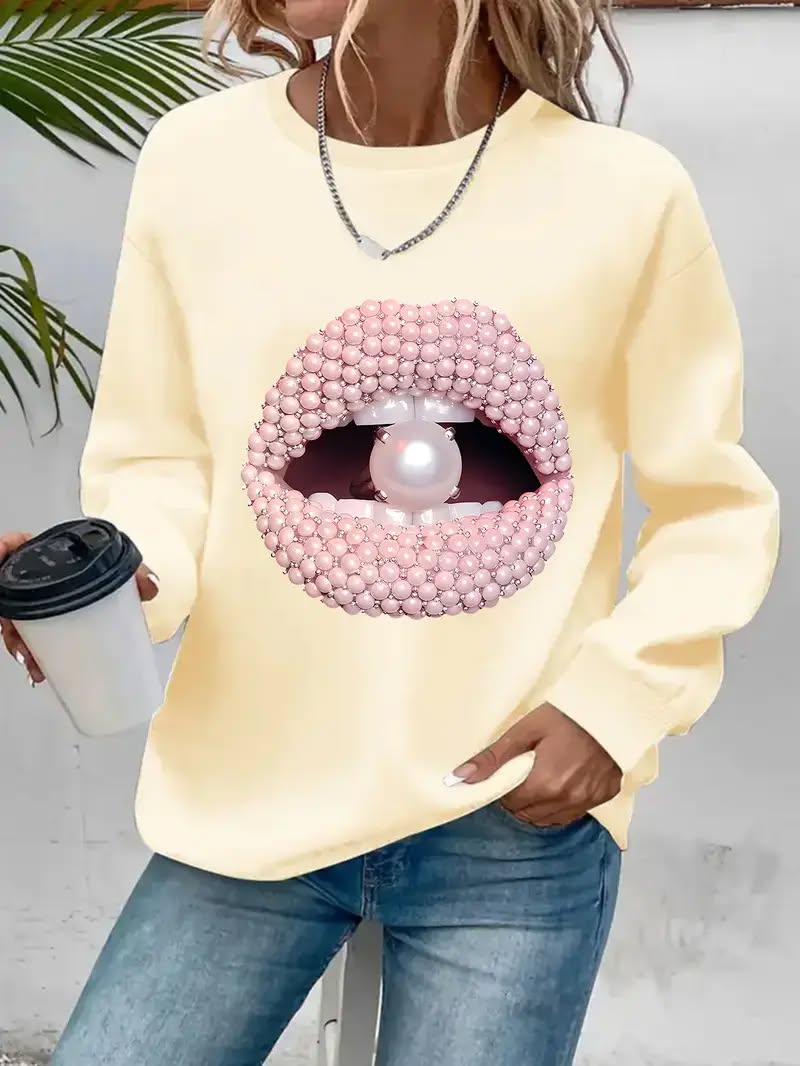 Long-Sleeve Crew Neck Sweatshirt with Mouth and Pearl Graphic Print