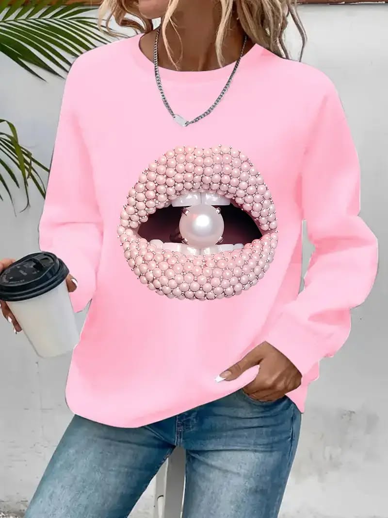 Long-Sleeve Crew Neck Sweatshirt with Mouth and Pearl Graphic Print