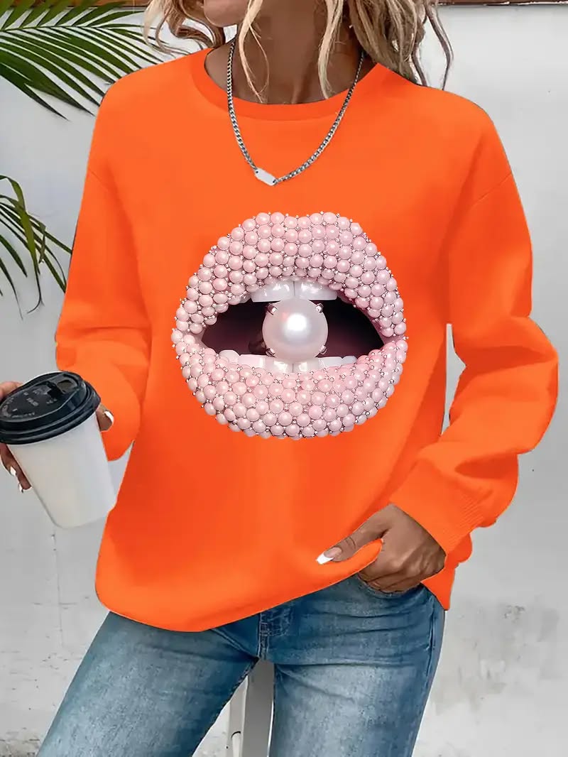 Long-Sleeve Crew Neck Sweatshirt with Mouth and Pearl Graphic Print