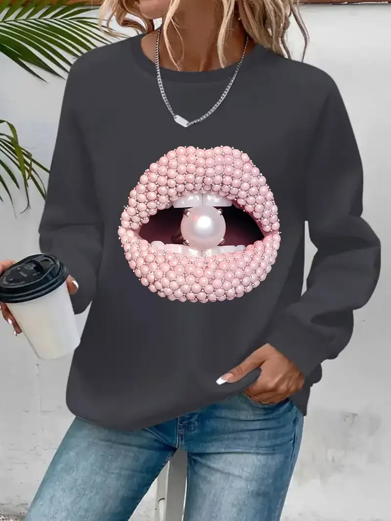 Long-Sleeve Crew Neck Sweatshirt with Mouth and Pearl Graphic Print