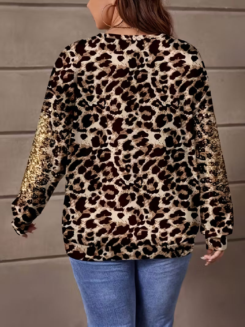 Plus Size, Women's Oversized Leopard Print Glitter Heart & Animal Print Sweater