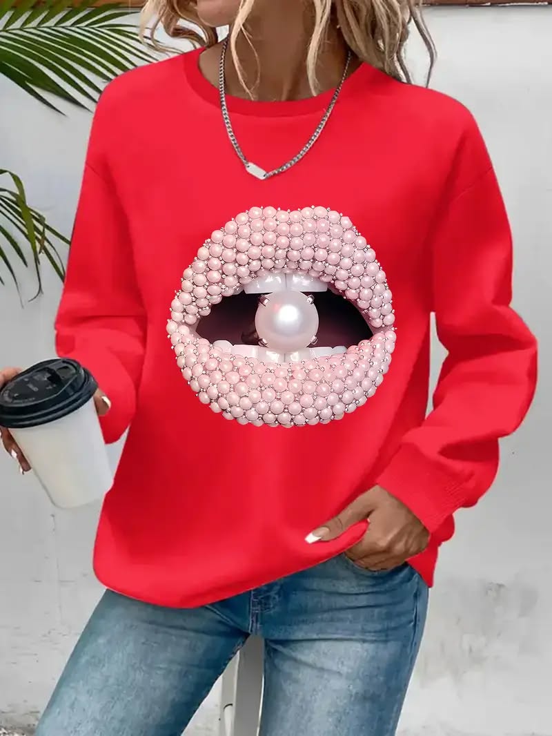 Long-Sleeve Crew Neck Sweatshirt with Mouth and Pearl Graphic Print