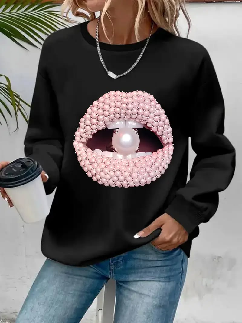 Long-Sleeve Crew Neck Sweatshirt with Mouth and Pearl Graphic Print