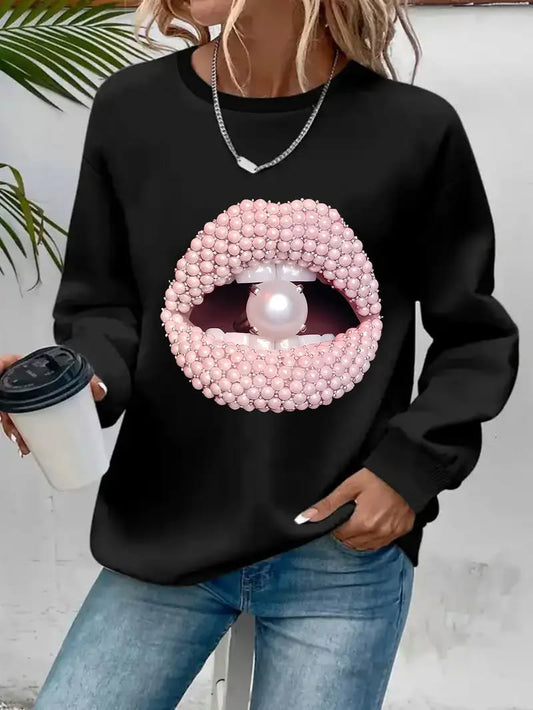 Long-Sleeve Crew Neck Sweatshirt with Mouth and Pearl Graphic Print