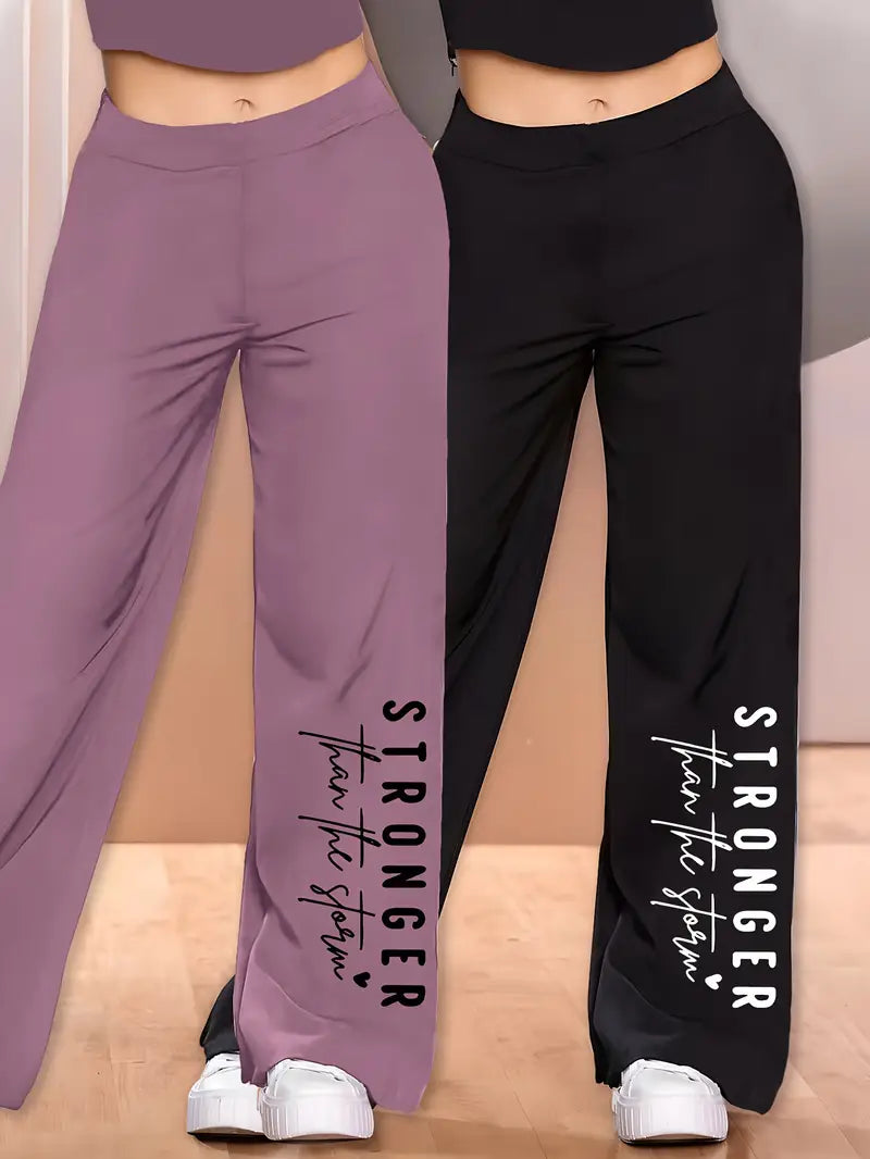 2pcs Simple Pattern Print Women's Lightweight Comfortable Wide-Leg Pants