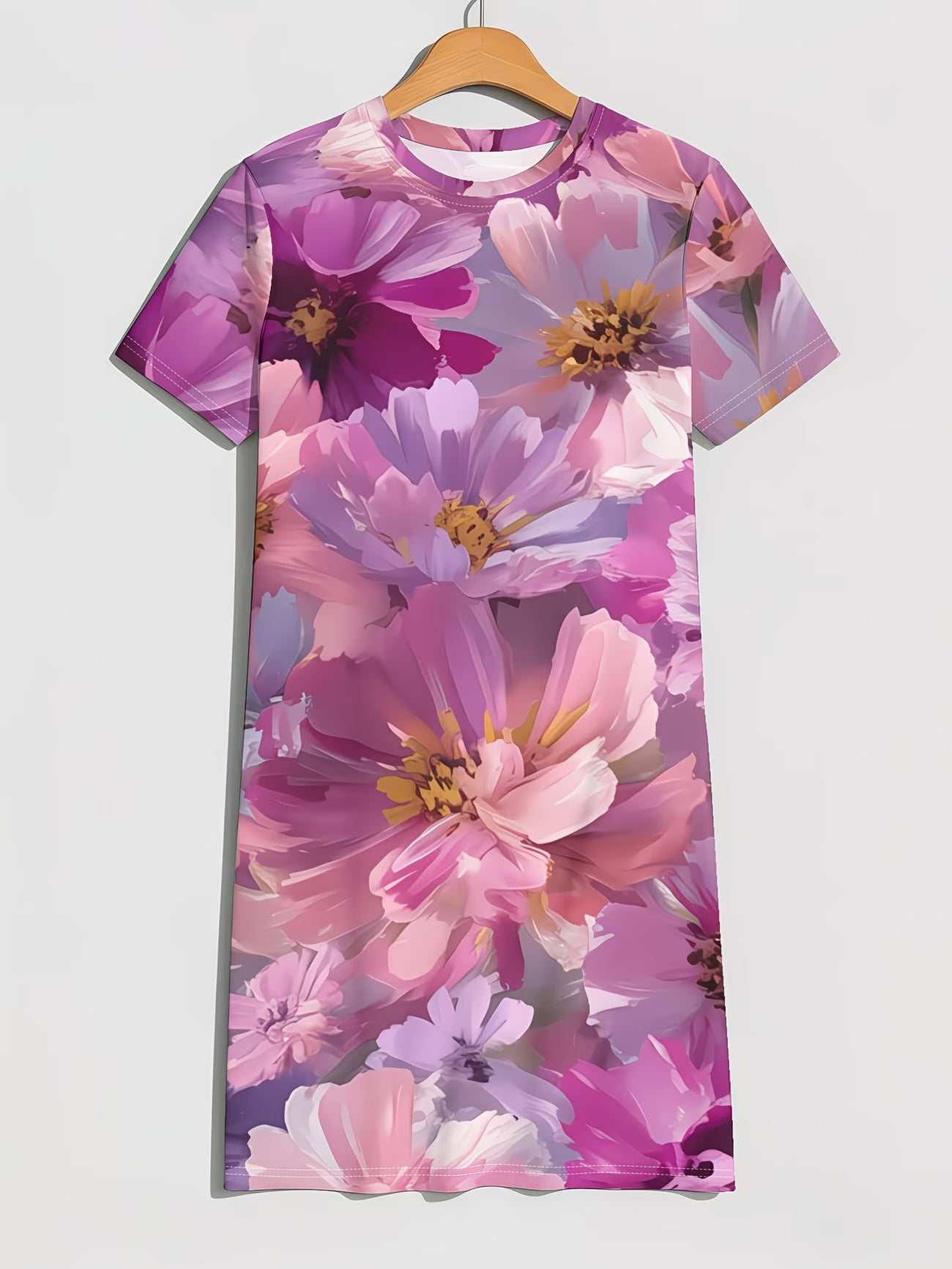 Purple Floral Round Neck Short Sleeve Dress
