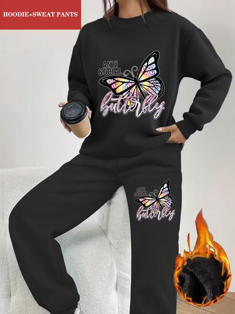 2pcs Women's Y2K Butterfly & Social Graphic Sweatsuit Set