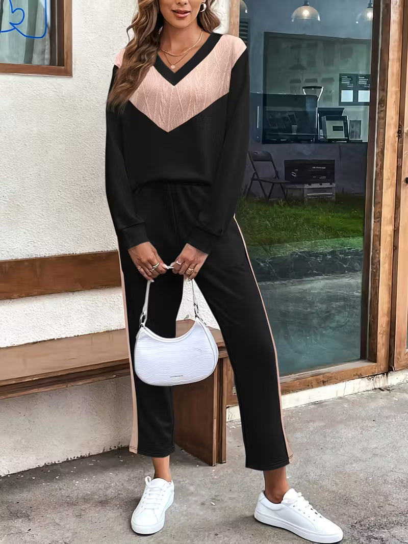 Women'S Color Block Long Sleeve Top and Pants Set