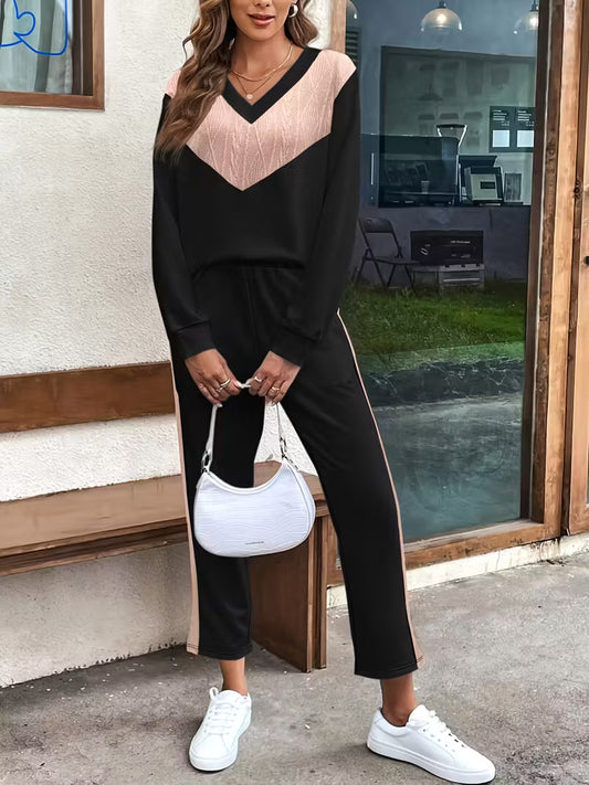 Women'S Color Block Long Sleeve Top and Pants Set