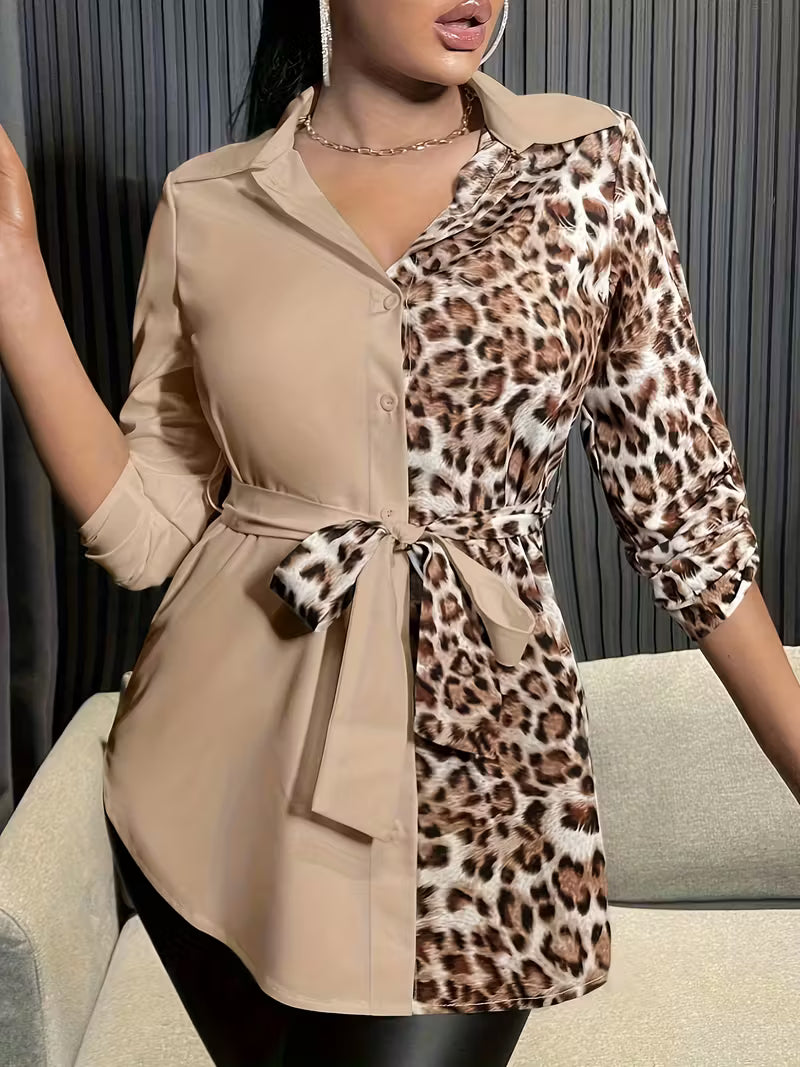 Loose-Fitting Color-Blocked Leopard Print