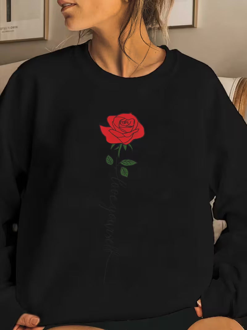 , Women'S Round Neck Sweatshirt Featuring a Black Rose Design,