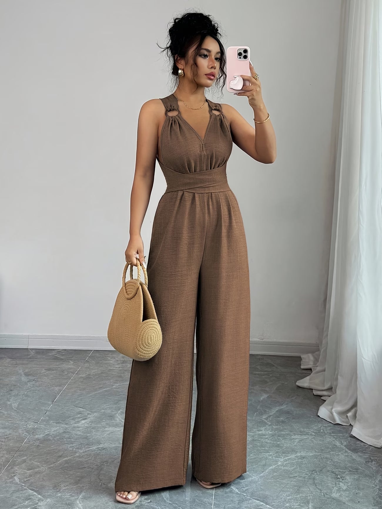 Women'S V-Neck Belted Wide-Leg Jumpsuit,