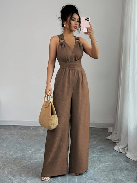 Women'S V-Neck Belted Wide-Leg Jumpsuit,