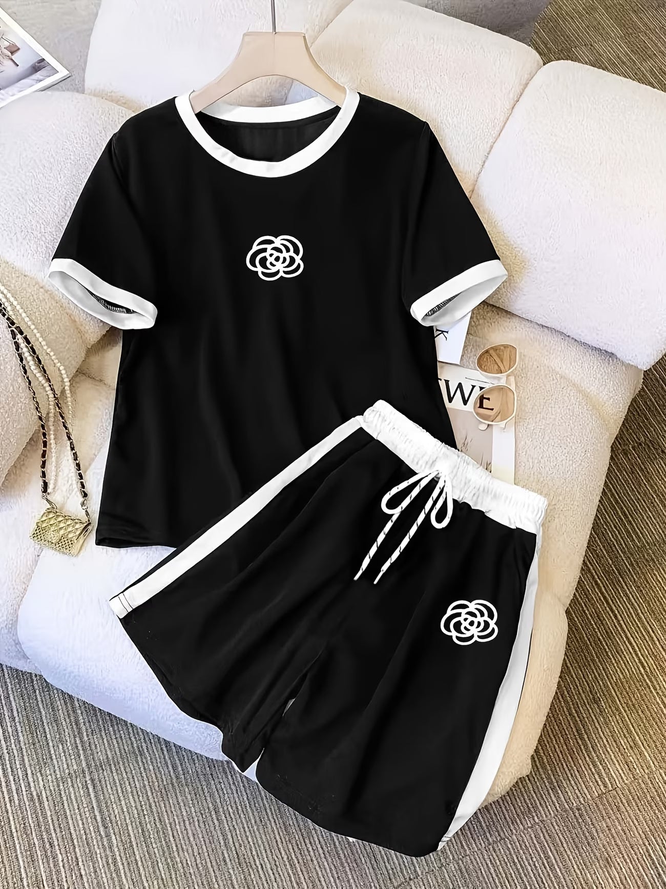 Short-Sleeve Top, And Casual Shorts in a Two-Piece Outfit