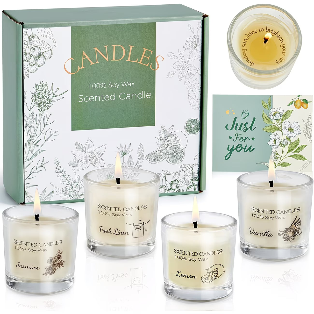 scented , Votive Candles Set of Fresh Linen, Vanilla, Jasmine, and Lemon, Soy Wax Candle