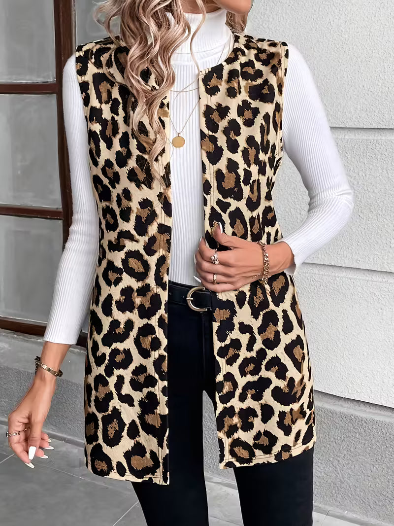 Women's Elegant Leopard Print Sleeveless Cardigan
