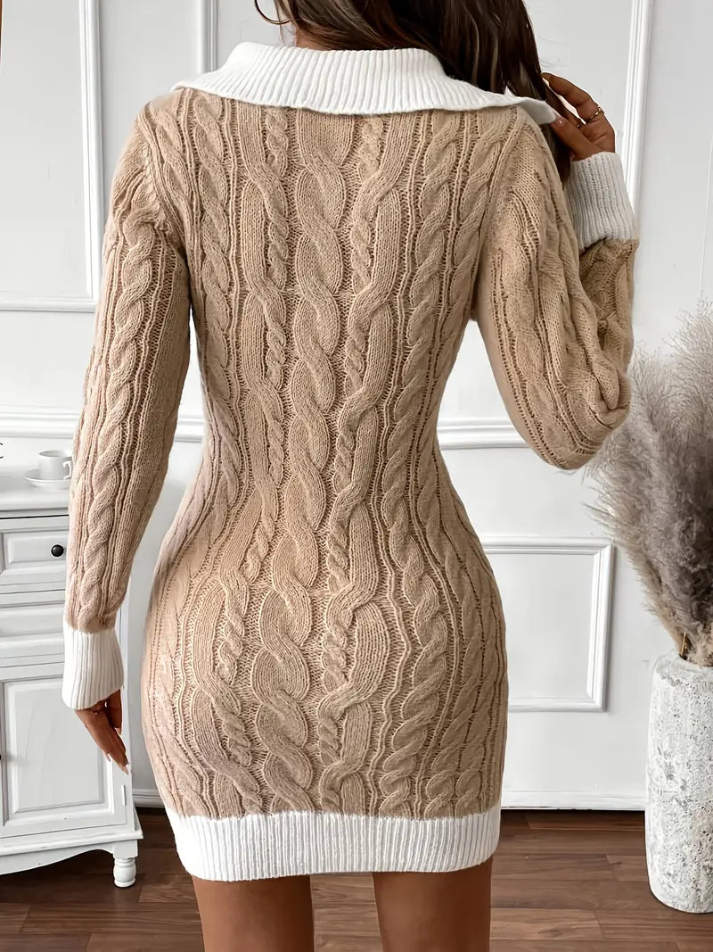 Women's Autumn Winter Color-Block Long Sleeve Slim-Fit Sweater Dress