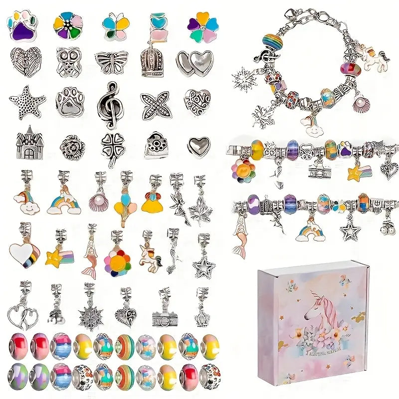 67-Piece DIY Charm Bracelet Bead Kit with Unicorn Mermaid Crafts,