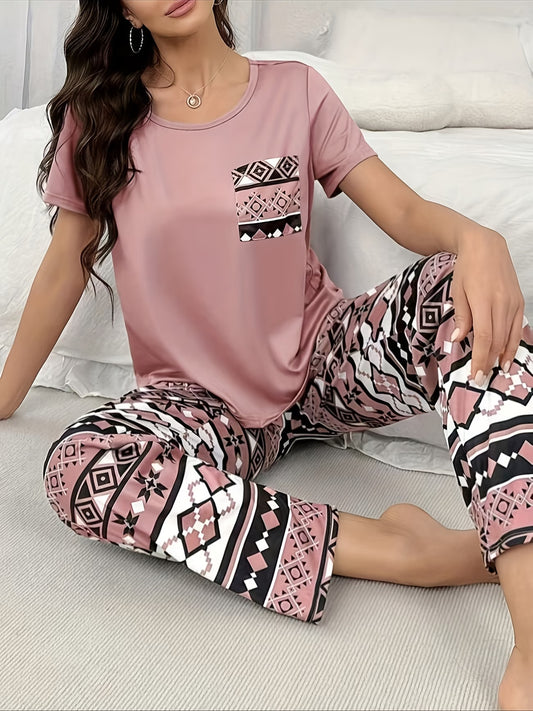 Women's Geometric Print Pyjama Set,