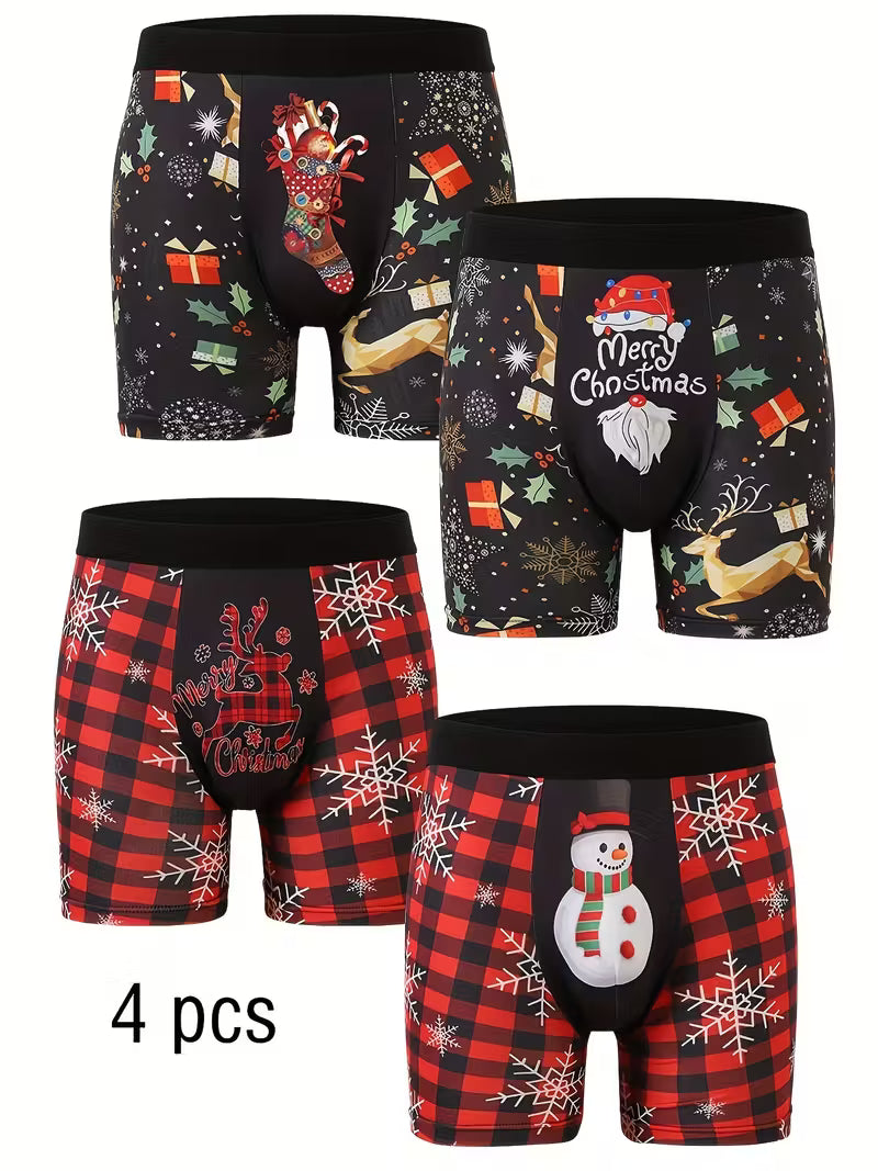 4pcs Men's Santa Claus Cartoon Long Boxer Briefs