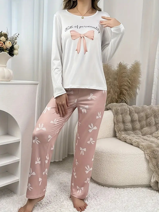 Casual Pajama Set with Bow Pattern