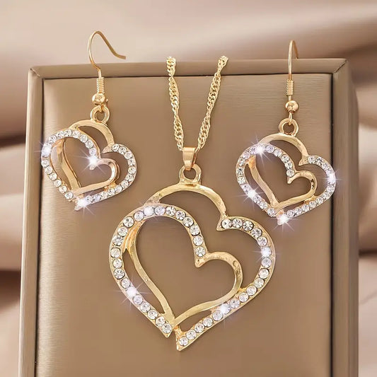 3pcs Elegant Double-Layer Heart Pendant Necklace and Earrings Set