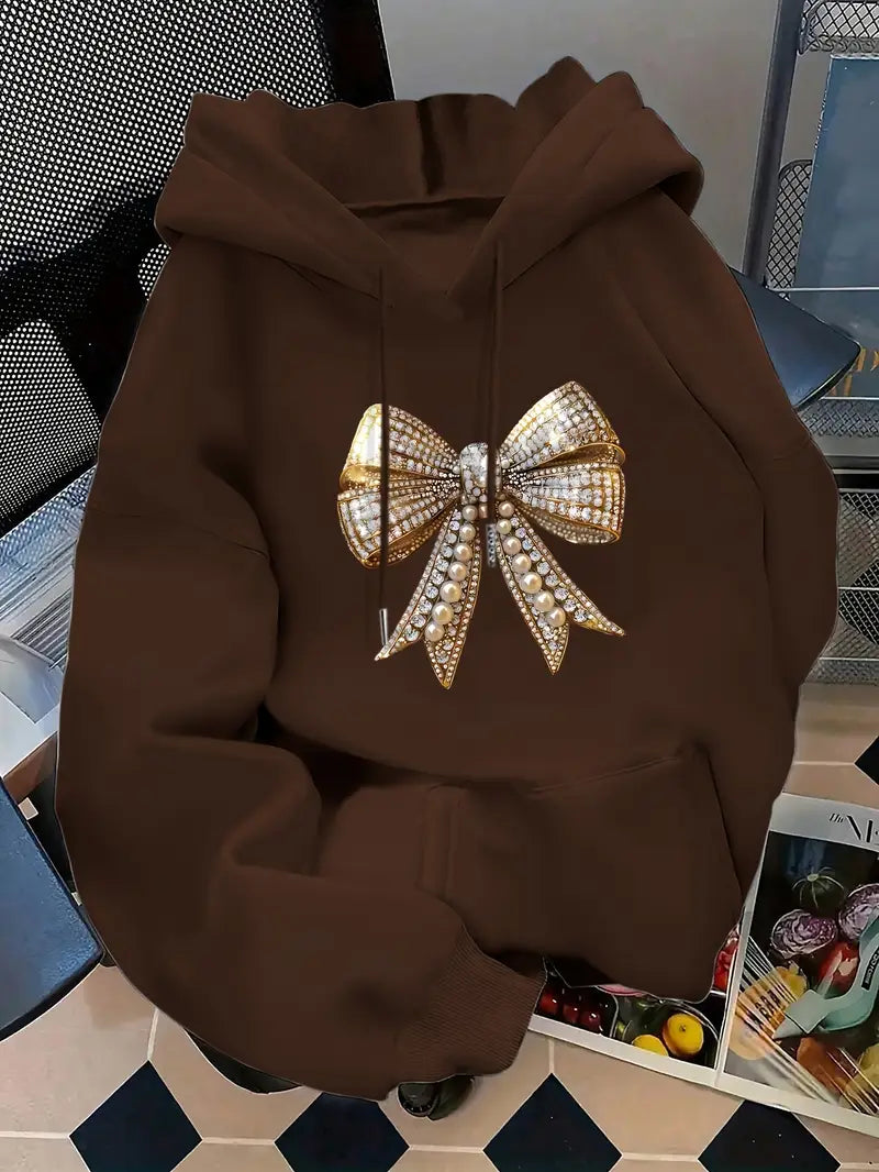 Hoodie with Golden Pearl & Bow Print,