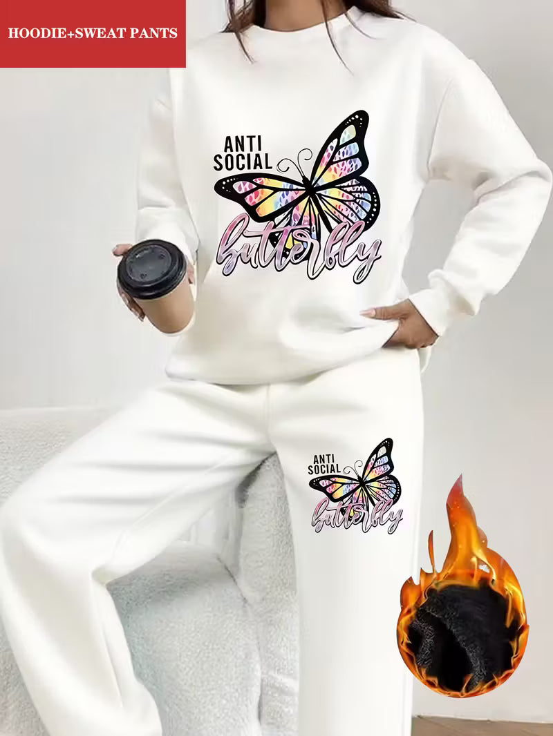 2pcs Women's Y2K Butterfly & Social Graphic Sweatsuit Set