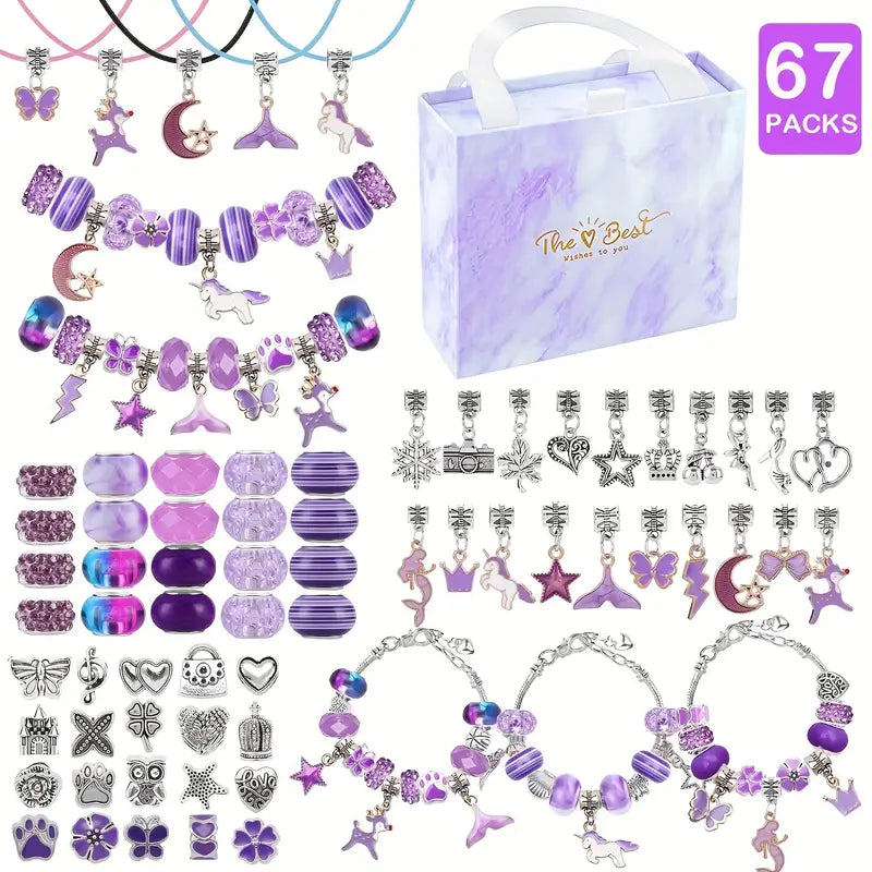 67-Piece DIY Charm Bracelet Bead Kit with Unicorn Mermaid Crafts,