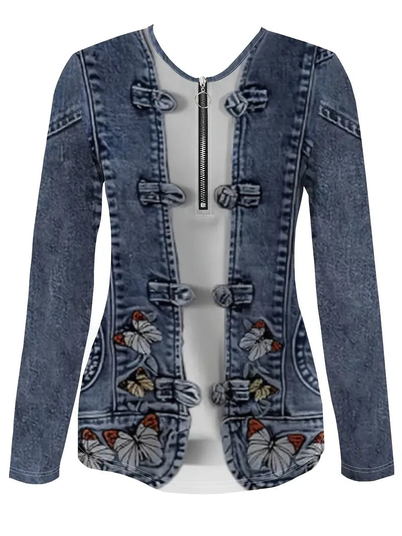 Women'S Imitation Faux Denim Patchwork Zip-Up Top