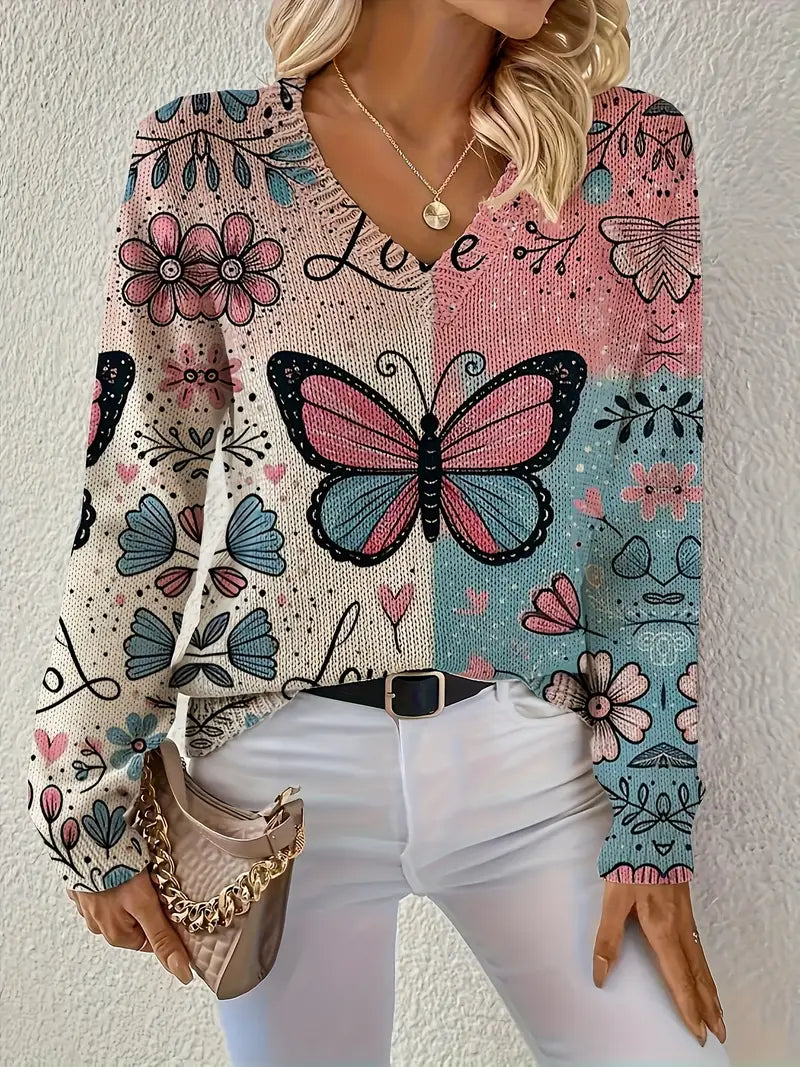 Multicolor Butterfly Print Sweater for Women