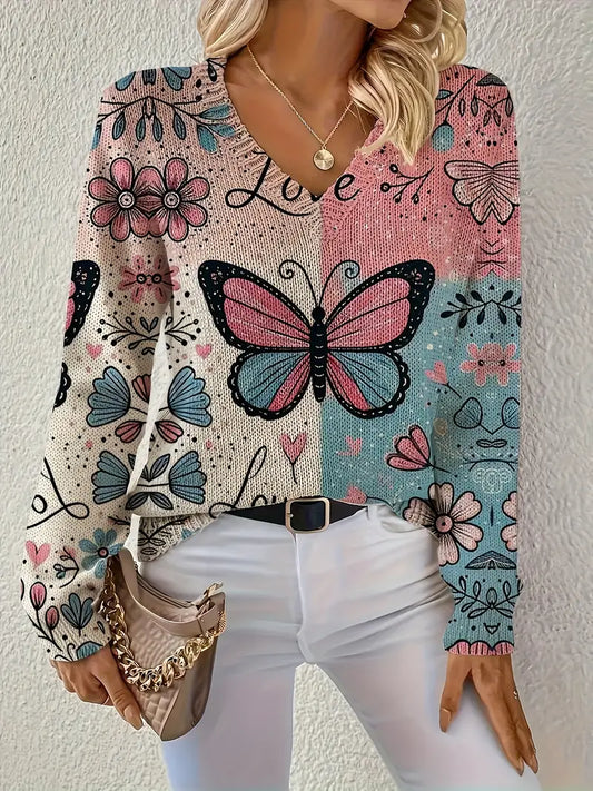 Multicolor Butterfly Print Sweater for Women