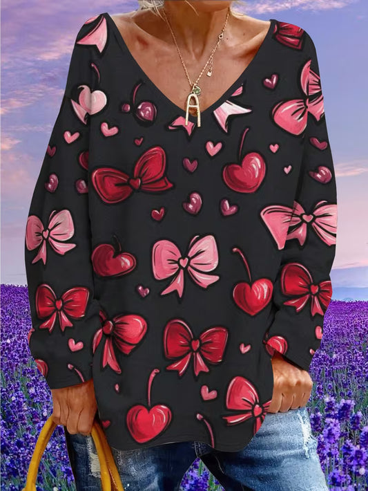 Plus Size Women's Black-Background Red & Pink Bow