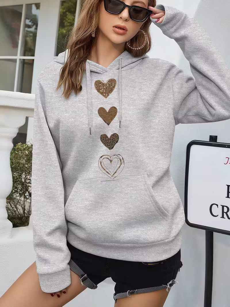 Women's Oversized Heart Print Hooded Sweatshirt