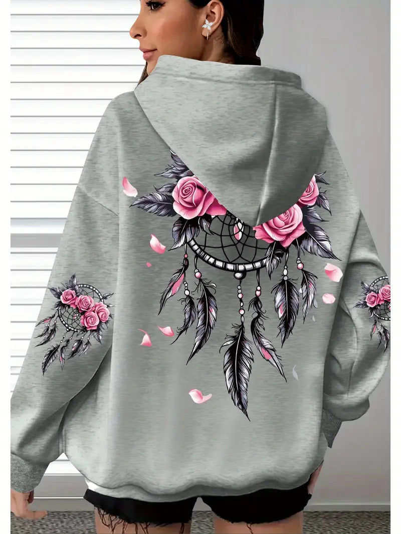 Women's Oversized Hoodie with Floral Turtle Graphic Print