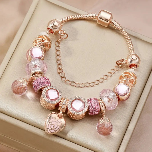1pc Elegant 19cm Rose Petal Heart Charm Bracelet Set