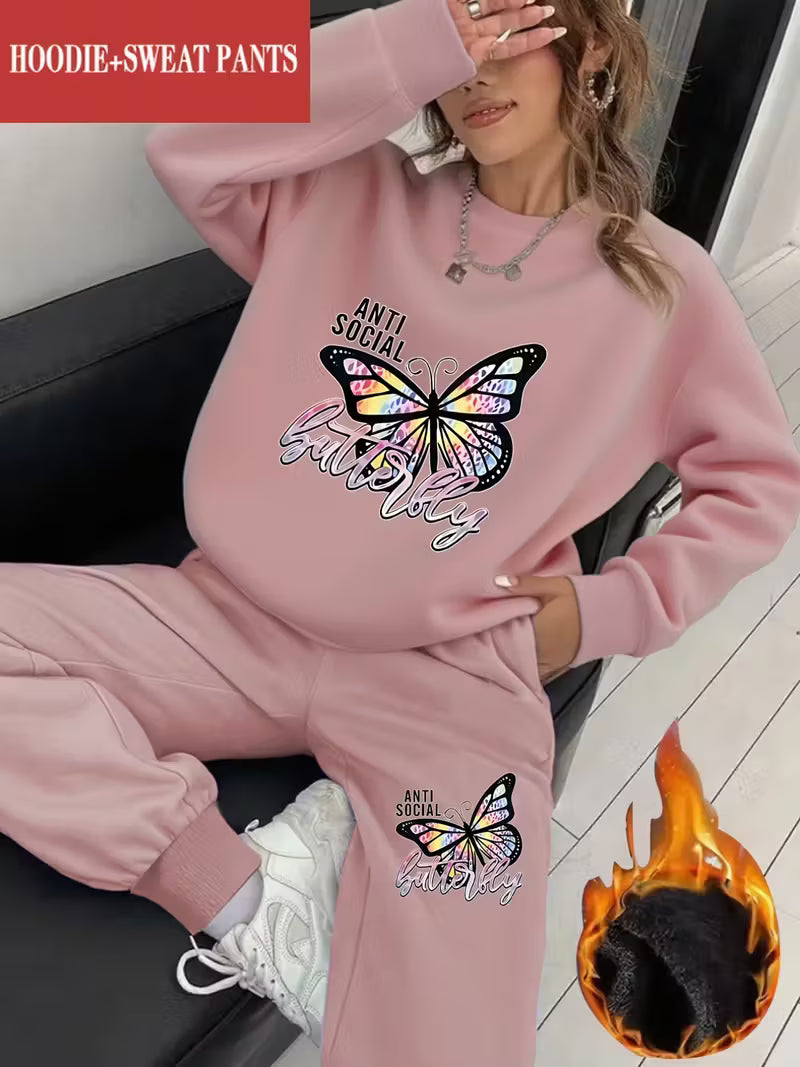 2pcs Women's Y2K Butterfly & Social Graphic Sweatsuit Set