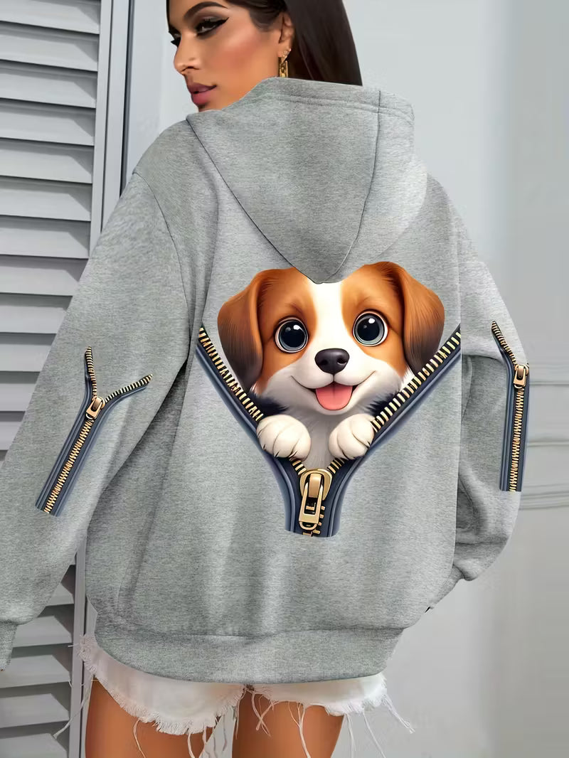 Plus Size Women's Cute Puppy Print Hoodie
