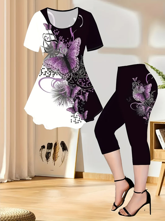 2-Piece Women's T-Shirt & Pants Set – Elegant Butterfly Colour Block Design