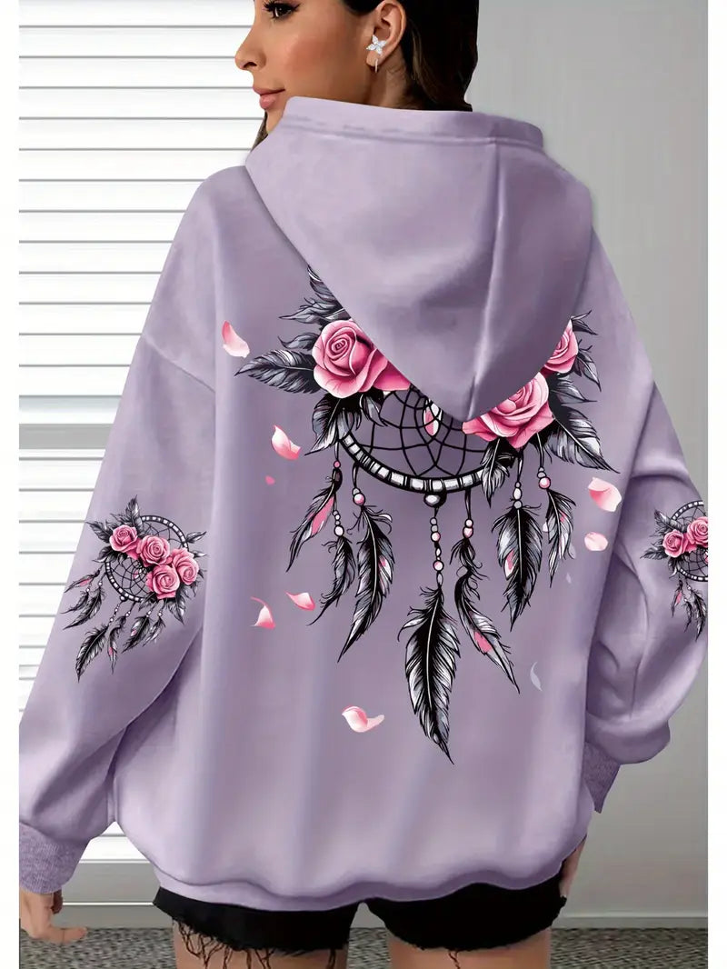 Women's Oversized Hoodie with Floral Turtle Graphic Print