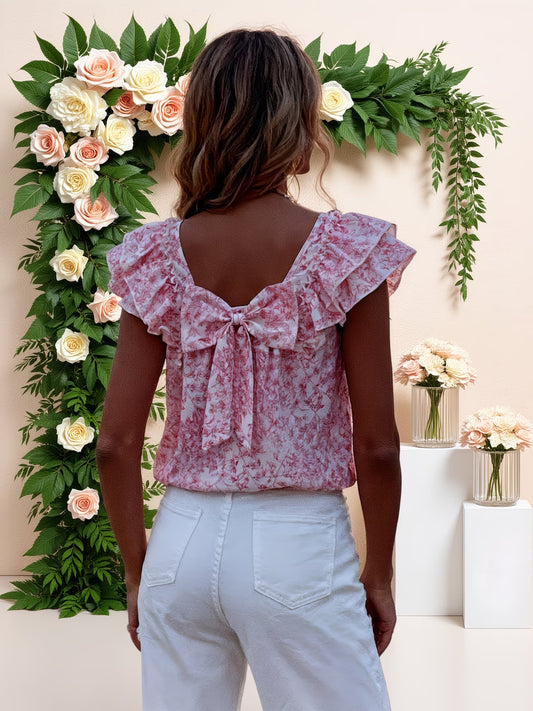 New Women's Casual Floral Print Bow Ruffle Short Sleeve Shirt,