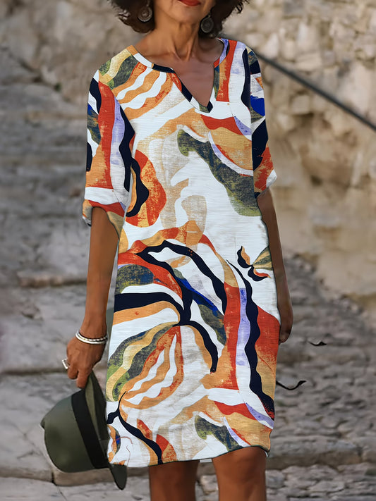 Multicolour Printed V-Neck Knee-Length Dress