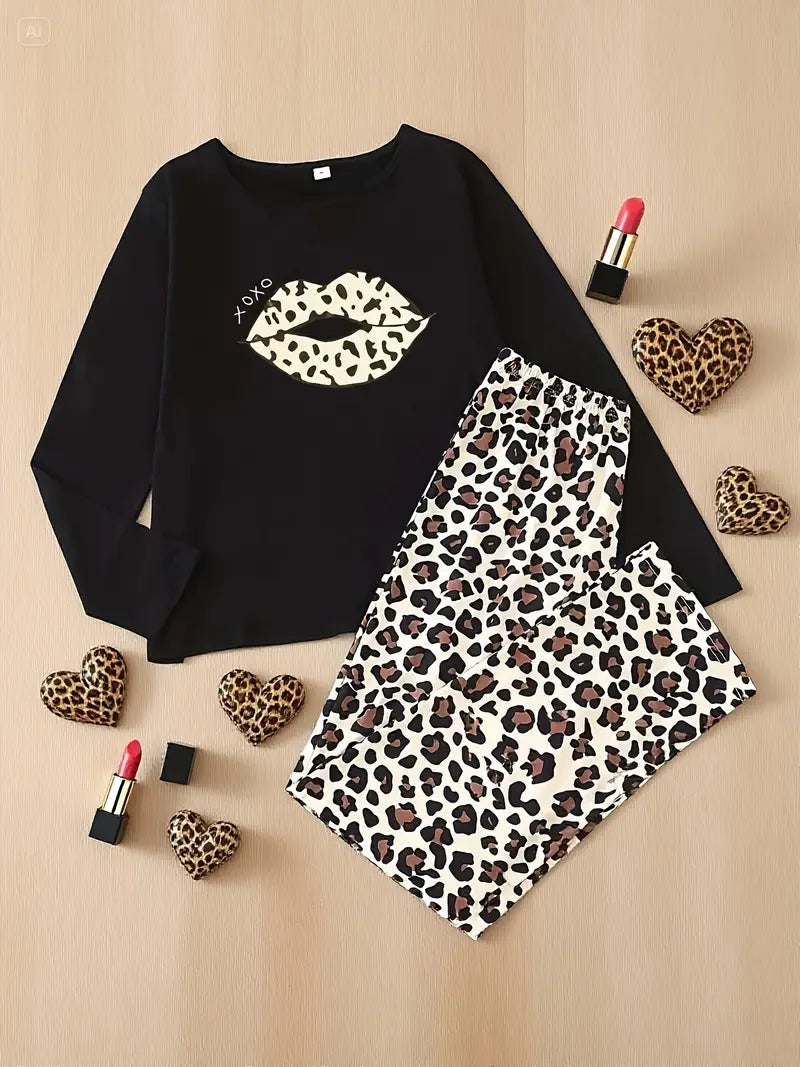 Leopard Print Pajama Set with Lips & Letter Print Long Sleeve T-Shirt